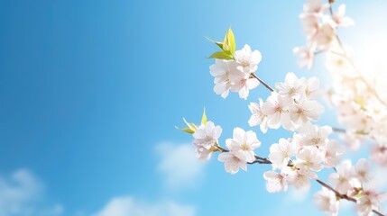 Blossoming cherry blossoms against a vibrant blue spring sky