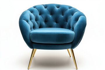 Blue velvet chair with gold legs against a brick wall, adorned with a vibrant green plant.