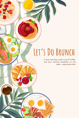 Fototapeta premium Vector banner with delicious breakfast dishes, pancakes, eggs, bacon, vegetables and coffee Tasty food on plate with striped tablecloth Morning meal template with text for web pages, website, poster