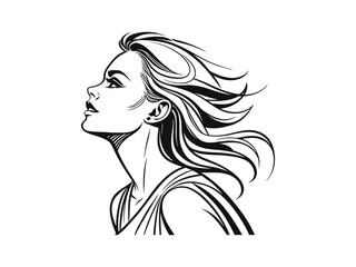 Elegant Woman Face in Wind – Black and White Vector Illustration