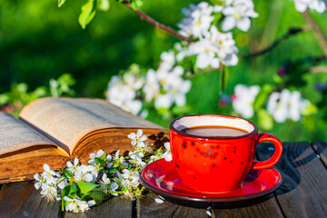Red cup of hot coffee on wooden table with white cherry flowers and old book against spring garden background in morning, closeup. Gentle romantic image atmosphere, coffee party in spring season