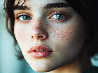 Young woman face with freckles portrait