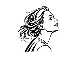 Elegant Woman Face in Wind – Black and White Vector Illustration