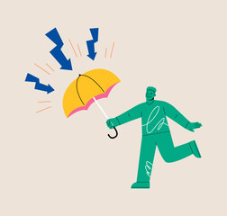 Protection concept. Man hold umbrella in hand. Colorful vector illustration