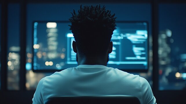 Focused African American Man Working Late on Computer Code in a Modern Office with City View