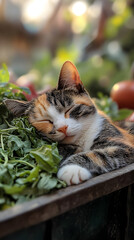 A calico cat peacefully napping in a wheelbarrow full of vegetables