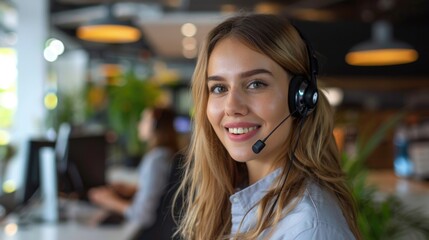 Smiling female customer service representative with headset in modern office environment, providing friendly and professional support.