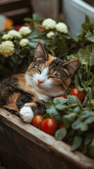 A calico cat peacefully napping in a wheelbarrow full of vegetables
