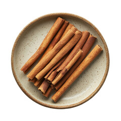 A plate of fresh cinnamon sticks on a transparent background, highlighting the natural texture and rich color of this spice, Cinnamon in plate on transparent background