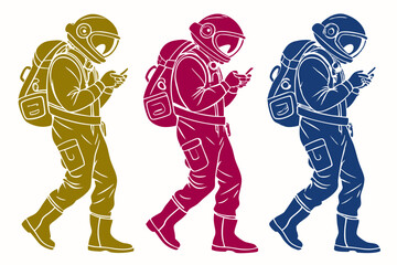set of Astronaut use mobile phone vector silhouette illustration isolated on white background