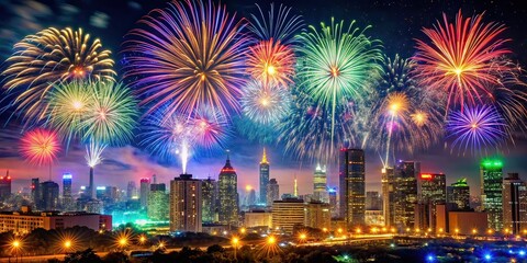 Obraz premium 2018 Fireworks Holiday Party Invitation Background - Long Exposure AI Photo