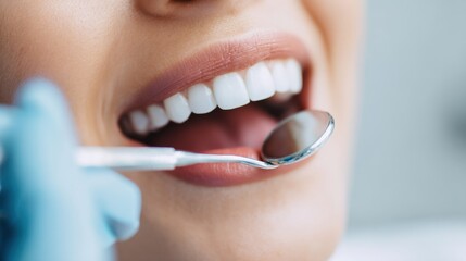 Fototapeta premium Close-up of a smiling person at a dental checkup, showing healthy teeth and a dental mirror.