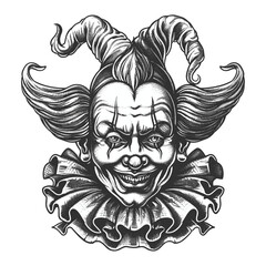 Vintage medieval jester face, black sketch, woodcut emblem, logo, old engraving style, isolated vector art, retro line artwork, antique style, classic medieval illustration