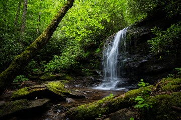 Obraz premium A tranquil waterfall hidden in a lush remote forest surrounded by dense greenery and natural beauty Generative AI