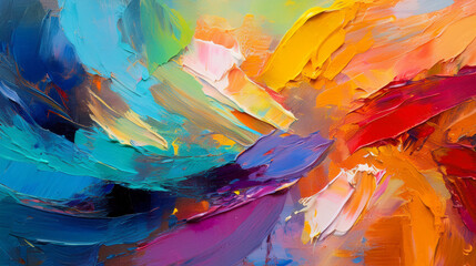 Closeup of abstract rough colorful multicolored art painting texture, with oil brushstroke, pallet knife paint on canvas