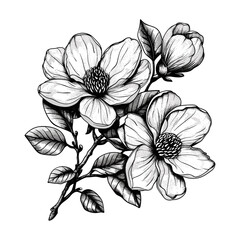 Black and white engraving illustration, Magnolia flower, Blooming branch, tattoo sketch, vintage floral ink art, old engraving style, trendy flower artwork, elegant flower sketch,