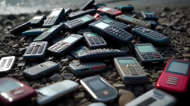 e-cycle or technology waste, a pile of old mobile phones