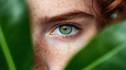 Woman's eye with freckles and plant leaf