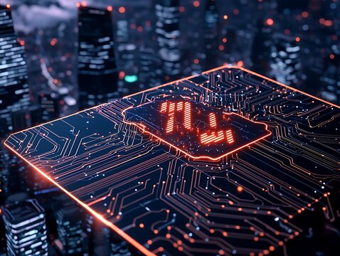 High-tech circuit board with glowing chip over cityscape - Powered by Adobe