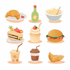 Vector illustration of assorted breakfast and dessert foods with drinks on white background