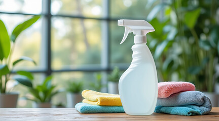 Clean Spray Bottle and Colorful Towels on Wooden Table in Bright Room with Plants