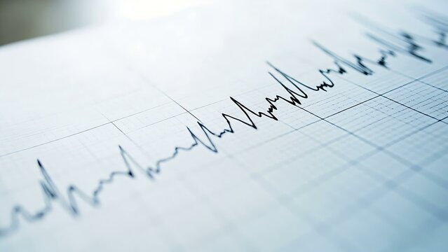 Electrocardiogram detail displaying heart rhythm. Medical exam concept with graph showing cardiogram waves. Close up view on vital sign analysis.