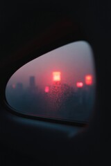 Sunset hues illuminate city skyline through airplane window, cre
