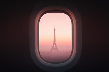 Glimpse of iconic landmark through airplane window during sunset