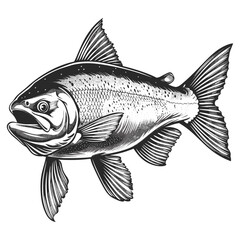 Simple vector illustration, hand-drawn salmon fish outline, black sketch, vintage style, old engraving style, trendy artwork, seafood illustration, hand sketched fish art