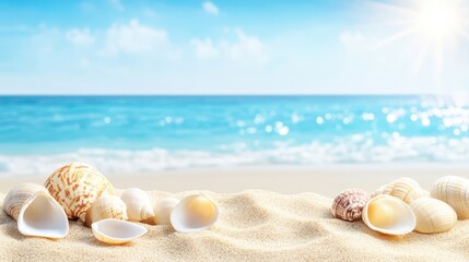 Seashells on Sandy Beach:  A serene image of seashells nestled in white sand against a backdrop of  azure waters and a cerulean sky.  The warm sunshine illuminates the scene.
