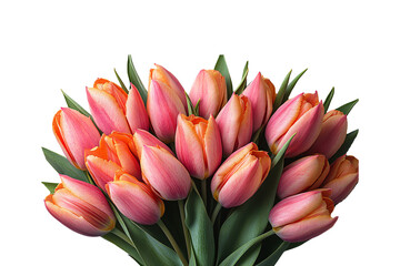 Fototapeta premium A bouquet of pink and orange tulips, tightly clustered with fresh green leaves, beautifully vibrant, isolated on a transparent background