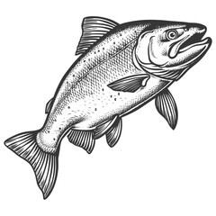 Hand-drawn salmon fish outline, simple vector illustration, black sketch, vintage seafood art, old engraving style, trendy design, marine life drawing, retro fish artwork