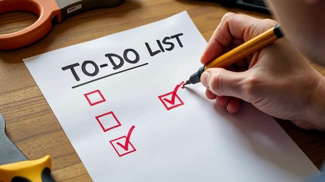 A person is checking off items on a to-do list while holding a pen amidst various tools on a workbench