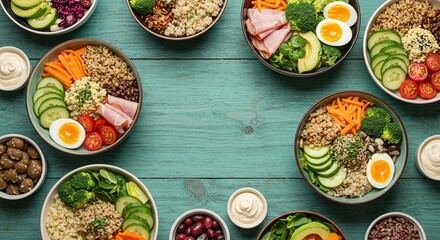Overhead view of several bowls of healthy food on a blue wood table
