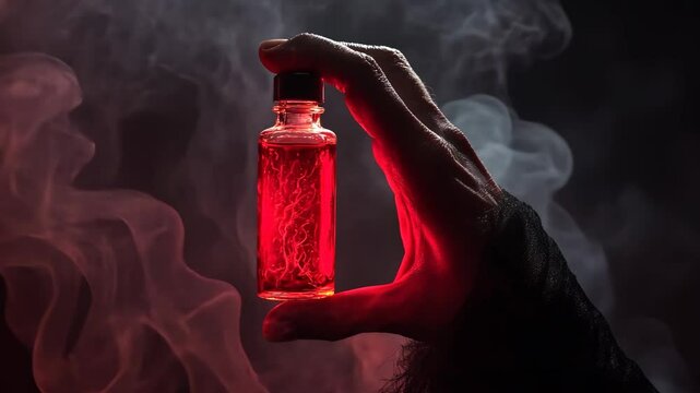 Mystical hand holding glowing red potion amidst enchanting smoke