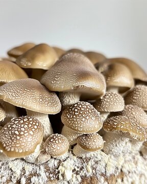 Shiitake Mushrooms: A close-up shot reveals a bountiful cluster of shiitake mushrooms, showcasing their textured caps and earthy tones, inviting culinary exploration and organic delights.