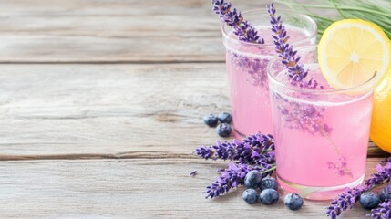 Lavender Lemonade Bliss: Two refreshing glasses of lavender-infused lemonade, garnished with sprigs of fresh lavender, a lemon slice, and blueberries, rest invitingly on a rustic wooden surface.
