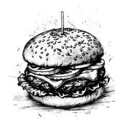 Vintage black and white sketch of a hamburger, grunge brush texture, old engraving style, artistic hand drawn burger, rustic food illustration, street food art, retro fast food