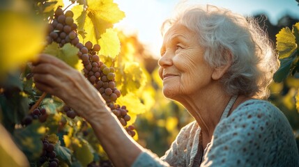 An elderly woman inspects grapevines in a picturesque vineyard, carefully checking the ripeness of the grapes as the sun shines brightly in a clear blue sky