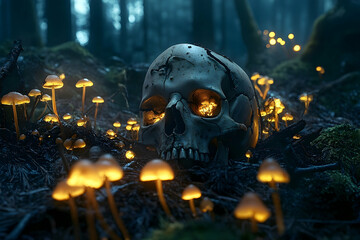 Skull amidst glowing mushrooms in a mystical forest.