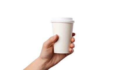 Hand holding a blank cup of coffee isolated on transparent white background, clipping path, pen tool