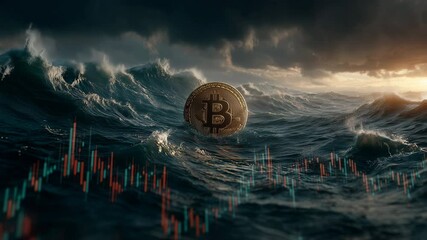 Pushing towards Bitcoin coin floating over stormy ocean waves frozen in time with trading graph lines flickering in foreground, slow push-in reveals financial chaos metaphor. - Powered by Adobe