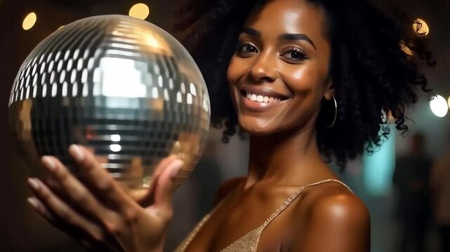 1970s black disco queen woman with a spinning disco ball