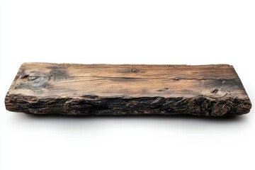 A weathered wooden plank with visible grain and dark edges isolated on white background studio shot