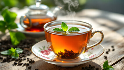 Steaming cup of herbal tea with mint on wooden table in sunlight