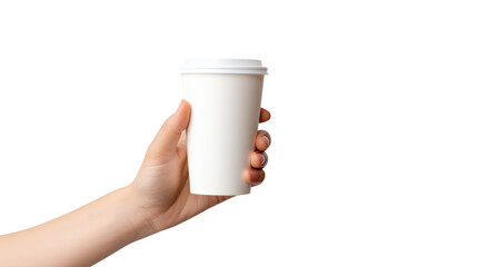 Hand holding a blank cup of coffee isolated on transparent white background, clipping path, pen tool
