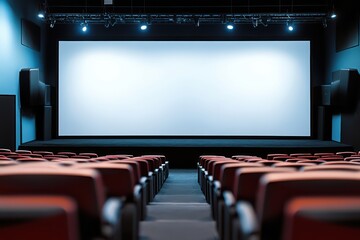 Obraz premium A view of an empty movie theater with red seats and a large blank white screen ready for a film