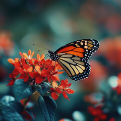 Obraz premium Monarch butterfly gracefully perched on vibrant orange flower, displaying intricate patterns of its wings against green foliage.