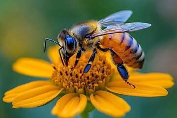 Fototapeta premium Bee pollinating a vibrant yellow flower