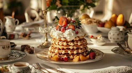 Naklejka premium Delightful Breakfast Spread with Waffles and Fresh Fruits